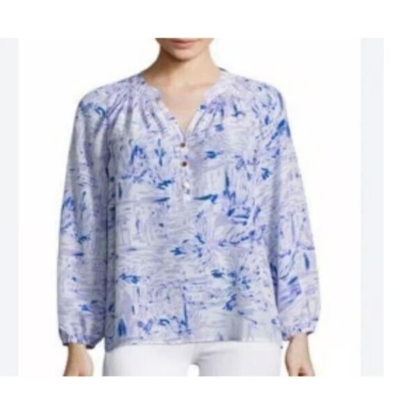 Lilly Pulitzer Elsa Lilac Verbena Rock The Dock Blouse Top Silk Size XL *flaw - Picture 9 of 9